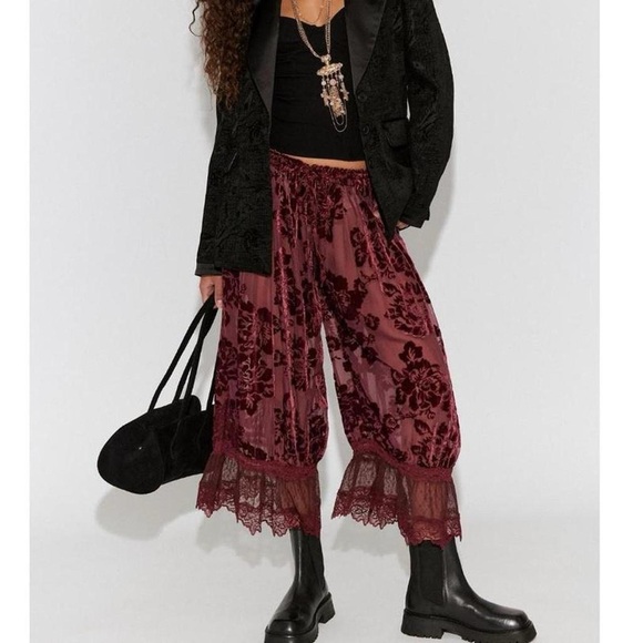Free People Pants - Free People Burgundy Velvet Floral Wide-Leg Lace Trim Pants